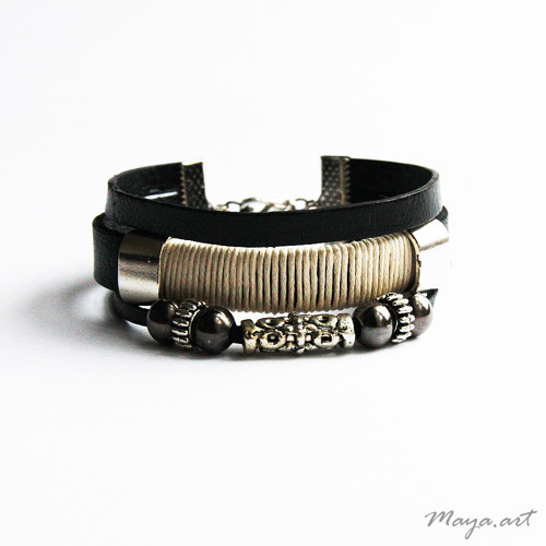Černý náramek "LEATHER BRACELET" s bavlnou — foto 1