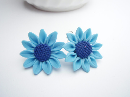 Modrá slunečnice, postříbřené - náušnice — foto 1