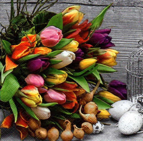 Papírový ubrousek,barvy,tulipány,šedá,vejce,balení