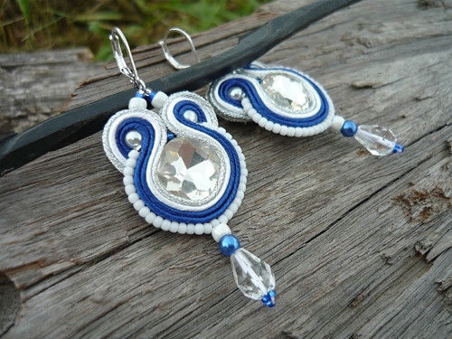Soutache náušnice FOLKlórní modro-bílé — foto 1