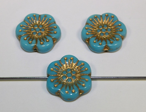 Kytka - 18mm - tyrkys modrý/zlatý zátěr - 1ks