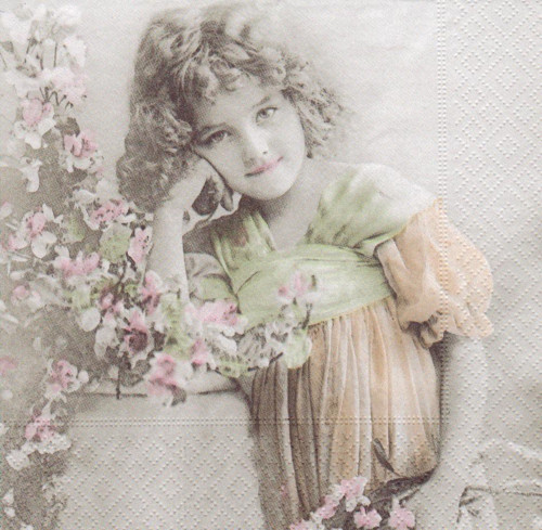 Ubrousek vintage - dívka s květinami