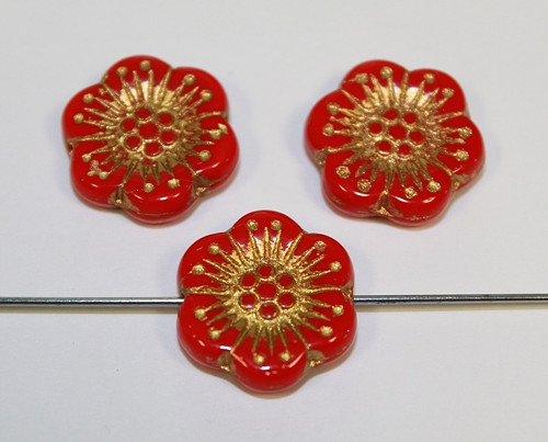 Kytka - 18mm - červená/zlatý zátěr- 1ks