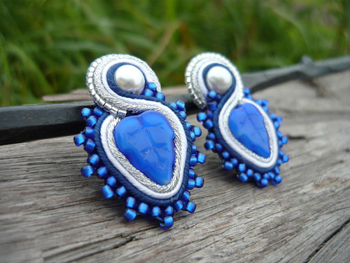 Soutache náušnice FOLK modré lístečky — foto 1