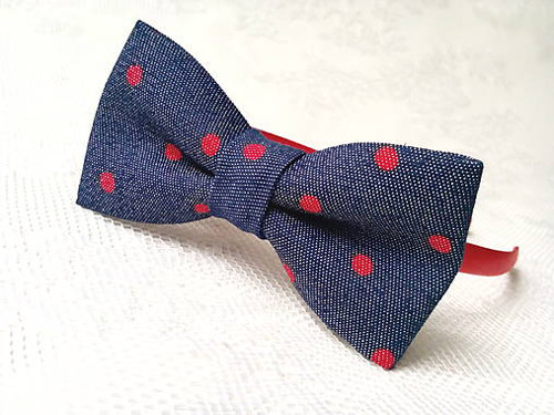 Blue jeans headband with red dots