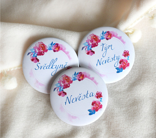 Placka button růžičky -nevěsta,tým nevěsty 44mm