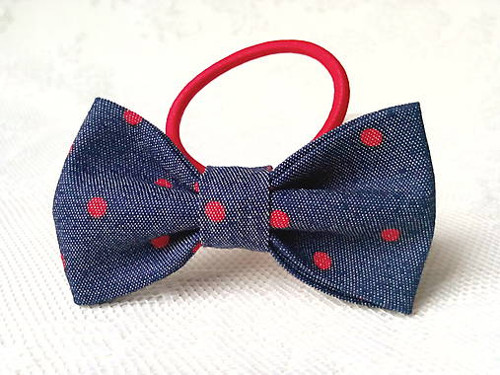 Blue jeans hair bow with red dots