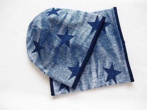Čepice s nákrčníkem - setík hvězdy na jeans.