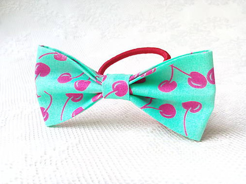 Turquoise hair bow with pink cherries