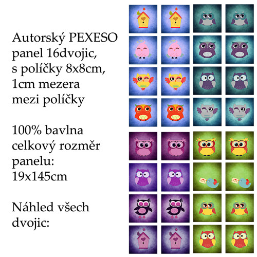 PEXESO panel 8x8cm, 16 dvojic: SOVIČKY 4-BARVY — foto 1