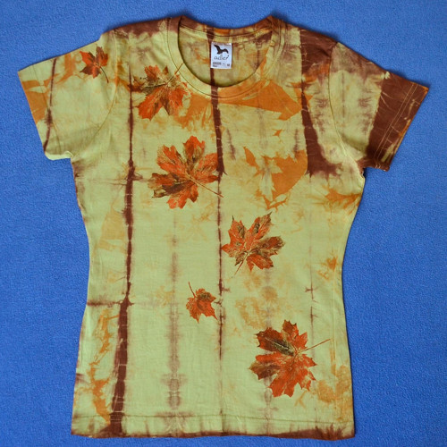 Zeleno-oranž.-hnědé batik. dámské triko s listy M