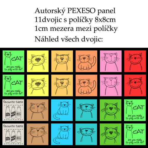 PEXESO panel 8x8cm, 11 dvojic: KOČIČKY KRESLENÉ — foto 1