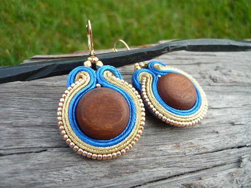 Soutache Náušnice "WOOD" Gold&Blue — foto 1