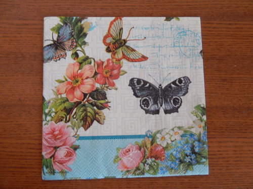 Ubrousek na decoupage - motýli a květiny, v modrém