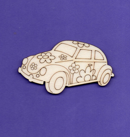 Dřevěný výřez, květované auto, brouk, 7 x 4 cm