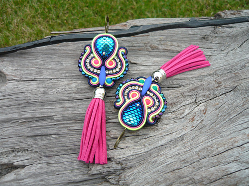 Soutache náušnice Magical Peacock střapcové — foto 1