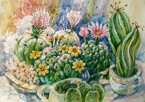 Kaktusy, kam se podíváš - akvarel 21x30 cm