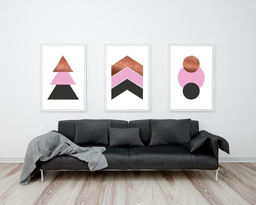Sada 3 plakátů–Geometrické – rose gold-růžovo-šedé