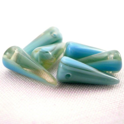 4ks Korálky Spikes 6x14mm Tyrkys crystal