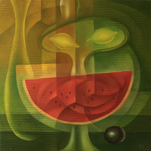 Zátiší s melounem – originální olejomalba 50×50 cm