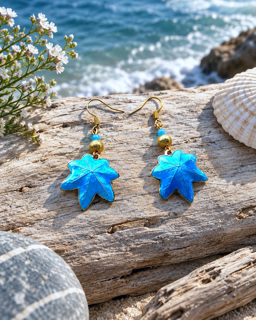 Náušnice cloisonné listy javorové barvy tyrkysové