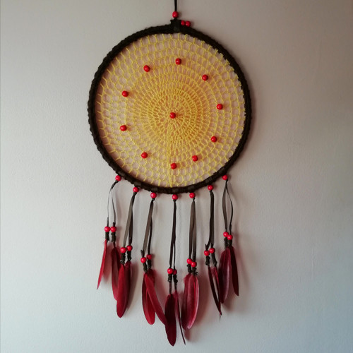 Lapač snů žlutý - průměr 25cm, vínová peříčka