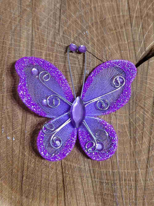 Motýl k našití 5x5,5 cm s kamínky barva fialková