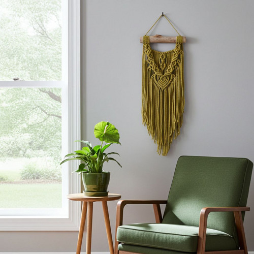 Macramé závěsná dekorace kiwi ze dřeva a bavlny