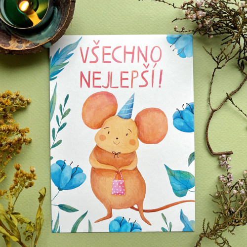 Pohlednice Myšička přeje všechno nejlepší