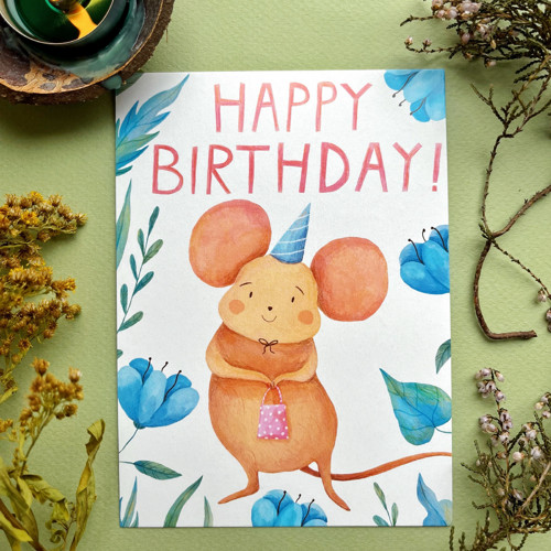 Pohlednice Little mouse is wishing you a happy bir