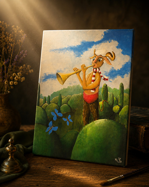 Faun a motýli | autorský fantasy obraz