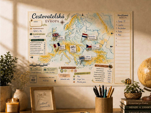 Cestovatelská mapa s VLAJEČKAMI - Evropa, A3