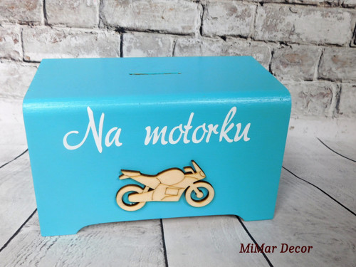 Dřevěná pokladnička Na motorku tyrkys