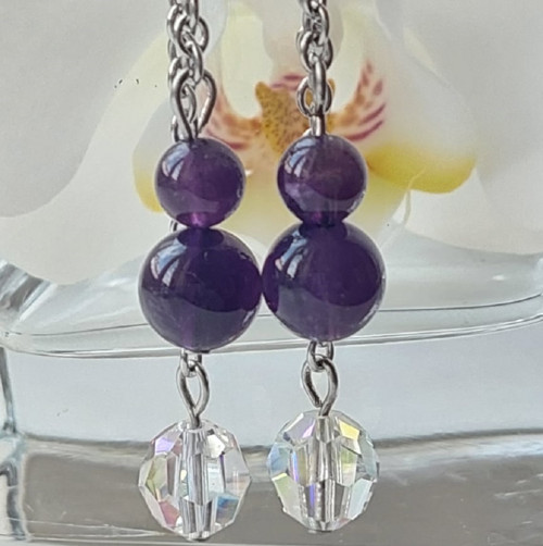 Minerální náušnice. Ametyst a Swarovski.