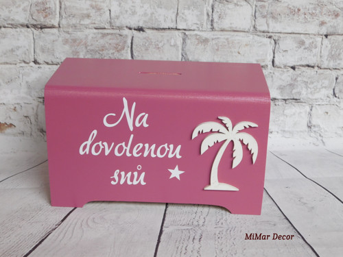 Dřevěná kasička Na dovolenou snů růžovofialová