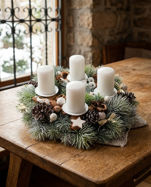 Staročeský adventní věnec s bílým 3D jehličím