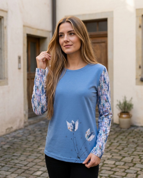 TULIPÁNY V MODRÉ (L/XL) - dámské tričko