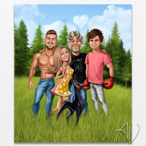 4 Osoby a Zvieratko + Pozadie 》karikatúra