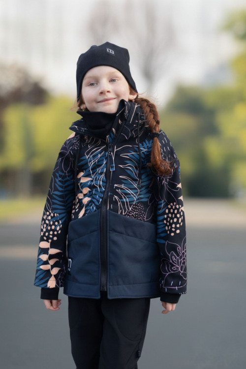 Dívčí softshellová bunda temně modrá/květy — foto 1