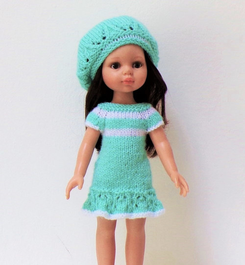 Tyrkysové šaty a baret na panenku Paola Reina 32cm