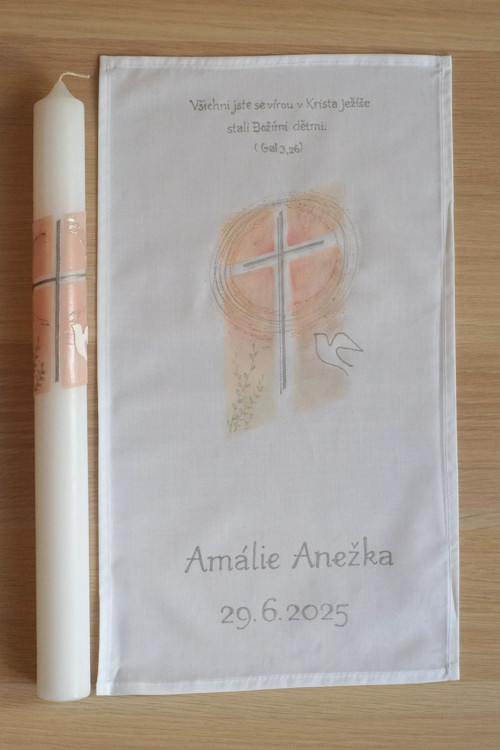 Křestní sada Kříž a holubice růžová + stříbrná