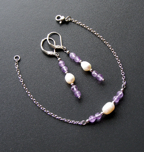 Náramek*AMETYST LAVENDER*PERLA*chir.ocel