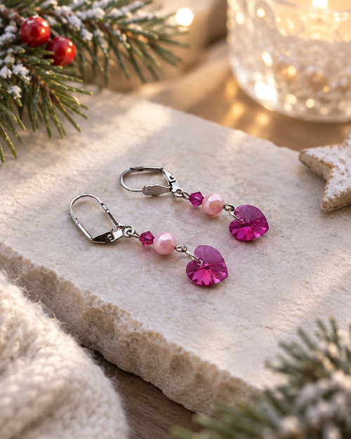 Náušnice - Swarovski srdíčka s růžovým korálkem