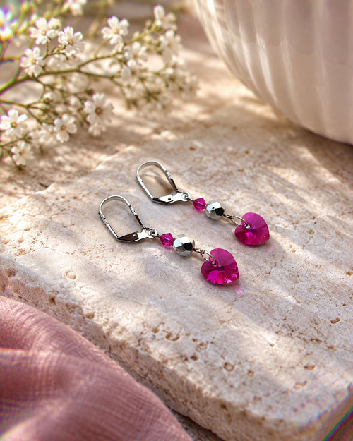 Náušnice - Swarovski srdíčka s korálkem