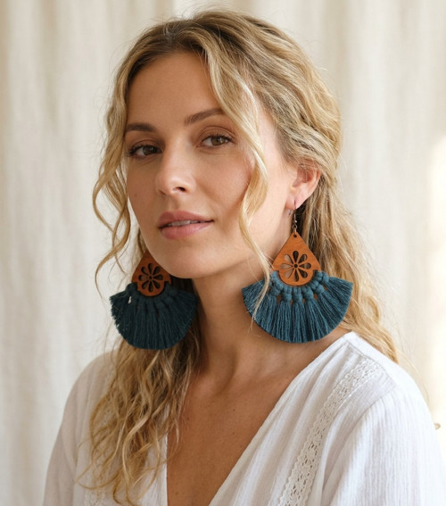 Macramé náušnice - Isabella petrolejová