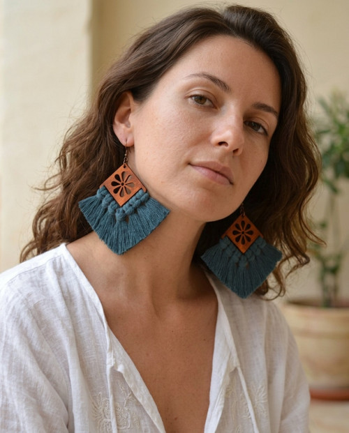 Macramé náušnice - Vivien petrolejová