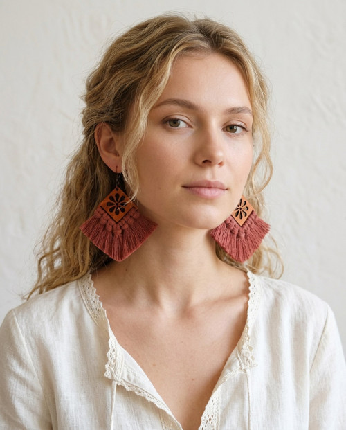 Macramé náušnice - Vivien divoká růže