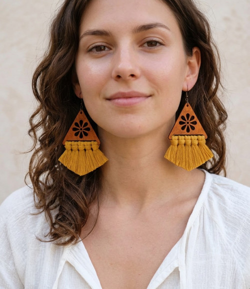 Macramé náušnice - Evelin hořčicová