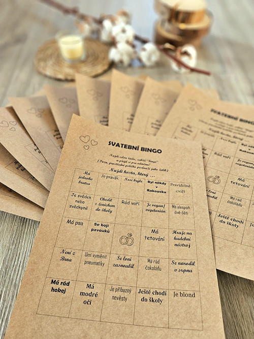 Svatební BINGO - Najdi někoho, kdo... - sada 5ks