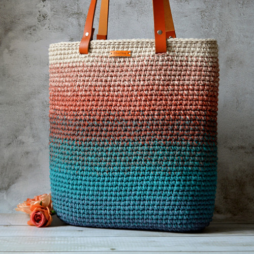 TARA-háčkovaná kabelka 36x38cm,kožená ucha